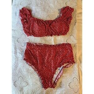 Shein Red with White 2 Piece High Waist Off Shoulder Bikini Set Womens 2XL XXL